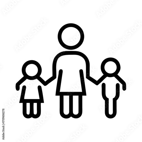 Adult and two children stick figures holding hands icon outline family parent