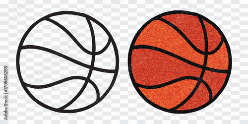 Basketball ball, line art and colored version