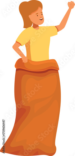 Girl having fun participating in a sack race competition at a summer camp