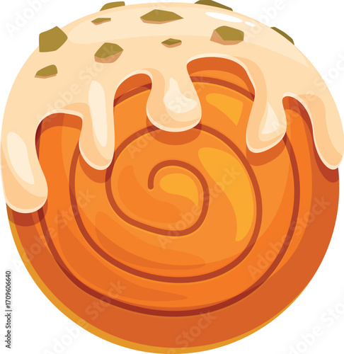 Sweet round bun with icing dripping and pistachios on top, creating a tempting treat
