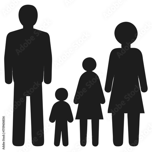 Gray Silhouettes of Family of Four on Black Background woman children