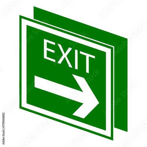 Green exit sign with black arrow pointing right on a black background vector illustration