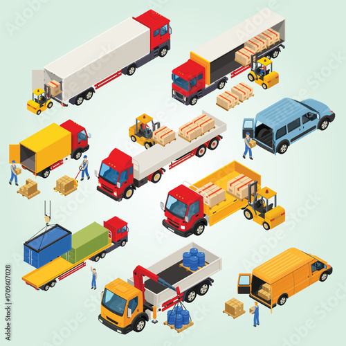 Isometric Delivery Transportation Set of Trucks and Vans with Loaders