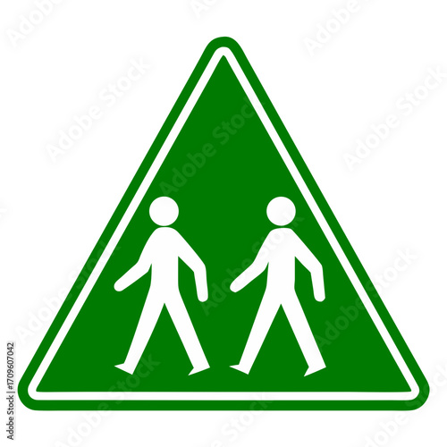 Green Triangle Pedestrian Crossing Sign with White Silhouettes symbol