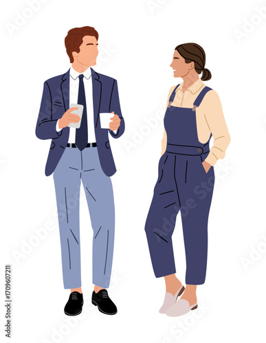 Flat colorful vector illustration of a business couple talking over coffee, casual and formal attire, perfect for office, meeting, teamwork, or corporate design projects