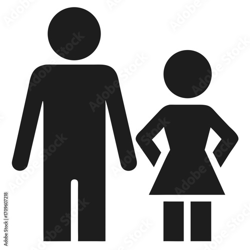 Male and female stick figures standing side by side on a black background people icon