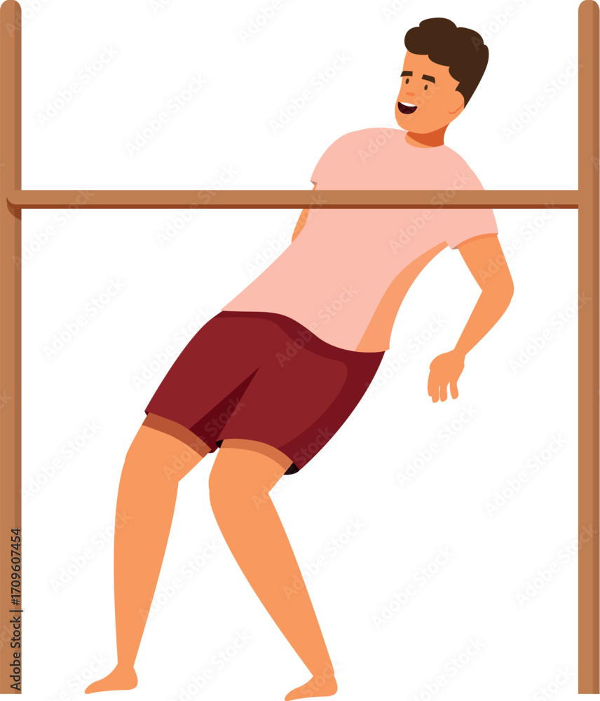 Obraz premium Young man bending over backwards, playing limbo and trying to pass under the bar