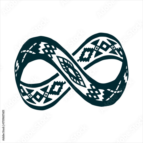 Métis Infinity Symbol with Sash Pattern Design Louis Riel Day MB Infinity symbol woven with Métis sash patterns in ochre red