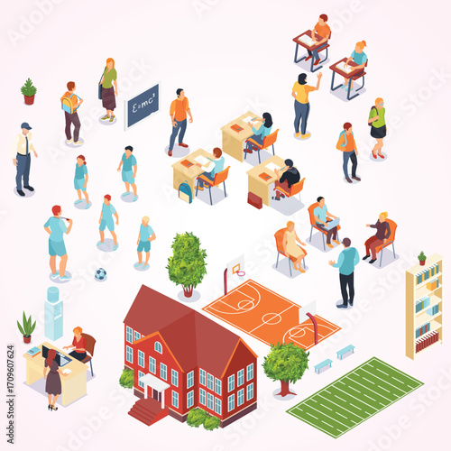 Isometric Detailed School Scene with Students, Building and Sport Facilities Illustration