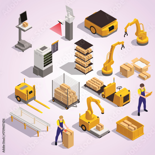 Isometric Automated Warehouse System with Robotic Arm, Conveyor Belt, Forklift Illustration