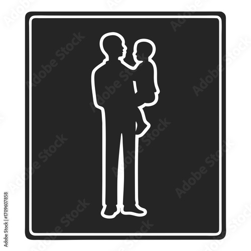 Silhouette of a father holding a child against a dark gray square background father carrying