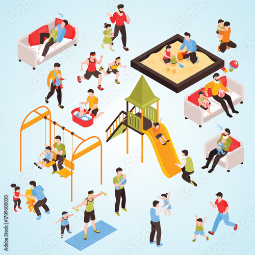 Isometric Family Activity Diverse Illustration Set with Playground and Leisure Lifestyle