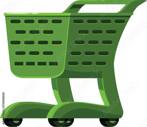 Empty green shopping cart representing eco conscious shopping habits and sustainable retail practices