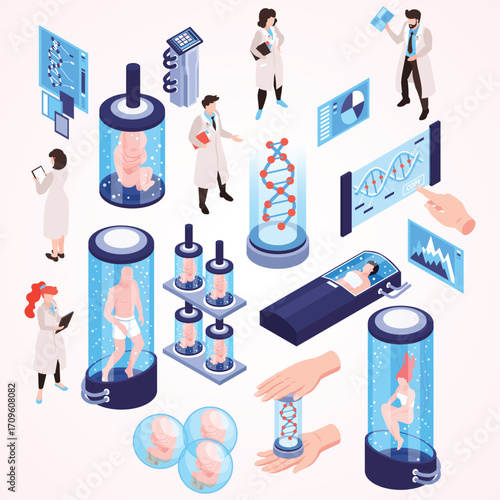 Isometric Medical Genetic Engineering Technology with Human Development Illustration