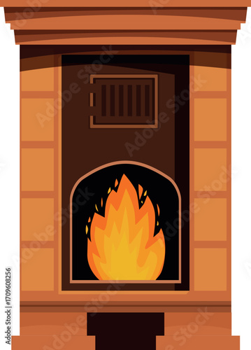 Brick fireplace burning with a bright flame, providing warmth and comfort, creating a cozy atmosphere