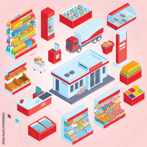 Isometric Detailed Grocer Shop with Variety of Products, Shelves and Building