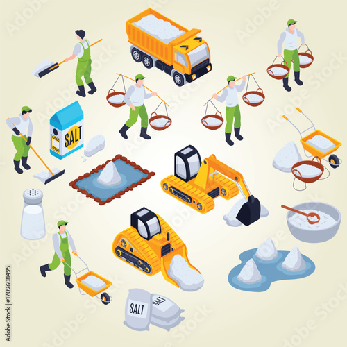 Isometric Detailed Salt Mining And Production Industry Process Illustration