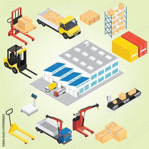 Isometric Detailed Transportation and Logistics Warehouse with Equipment Illustration