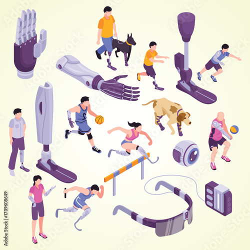 Isometric Modern Diverse People with Prosthetic Limbs and Assistive Technology Illustration