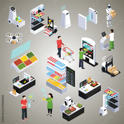 Isometric Supermarket Illustration Depicting Automated Retail and Futuristic Shopping Experience