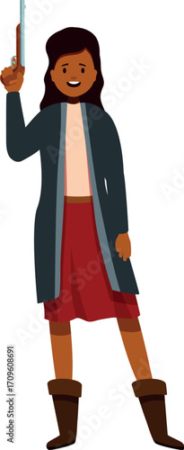 Smiling dark skinned woman holding an old gun wearing a skirt, boots and a long coat