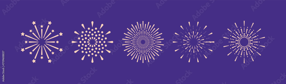 Obraz premium Set of fireworks sparkles and stars on the isolated background. Fireworks collection. Vector illustration