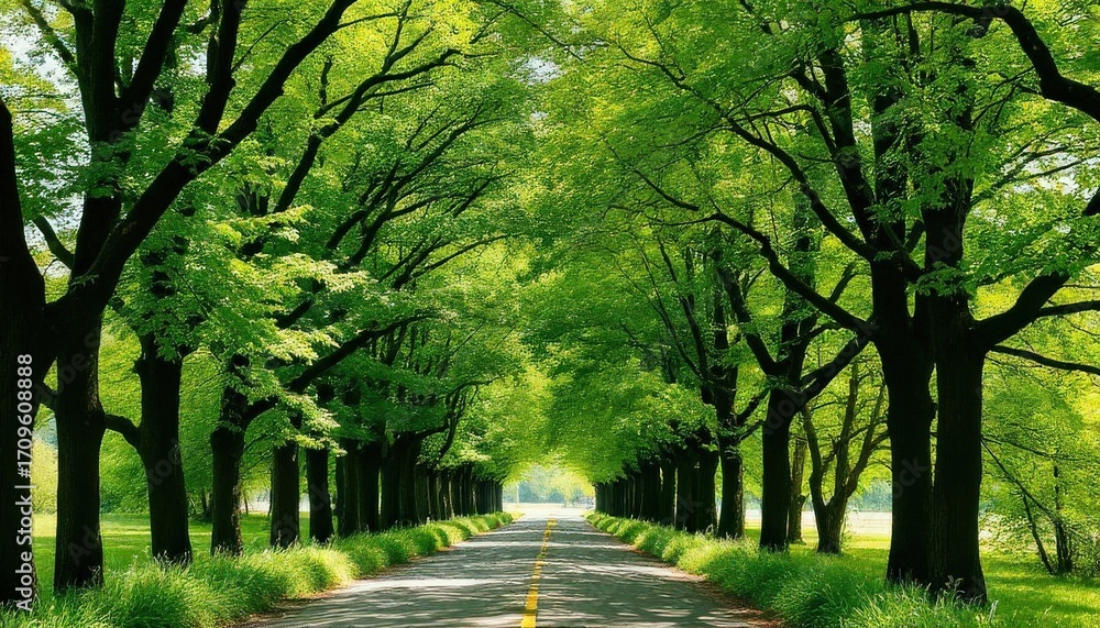 Naklejka premium A serene tree-lined road surrounded by lush green foliage. The pathway stretches into the distance, creating a peaceful and inviting atmosphere.