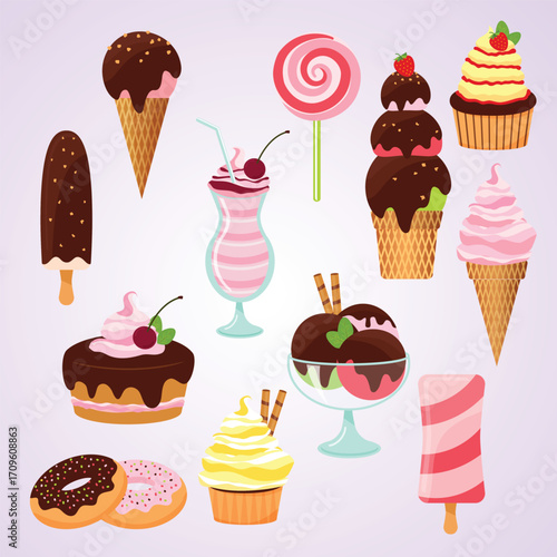 Elements to create your own ice cream. Ice cones, cups, scoops and toppings. Isolated vector images