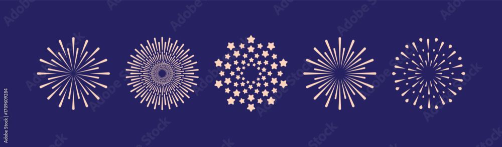 Obraz premium Set of fireworks sparkles and stars on the isolated background. Fireworks collection. Vector illustration