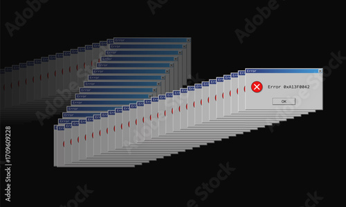 Operating system critical error warning. Retro user interface window with system failure. Software tech crash or bug report concept. Vector illustration for digital UI themes.