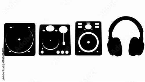 Black and white dj equipment including turntables speaker and headphones in a simple graphic style image