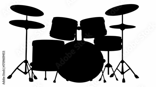 A silhouette of a drum set featuring various drums and cymbals in a musical performance setup studio scene