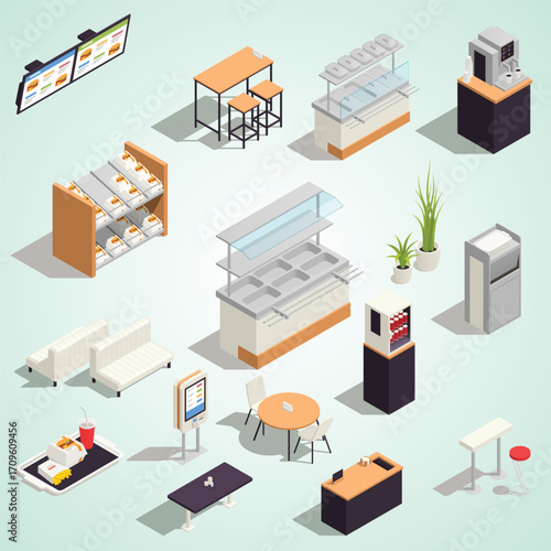 Isometric Detailed Fast Food Restaurant Furniture Element Illustration Design