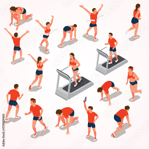 Isometric People Running and Training Set Sport Activity Illustration