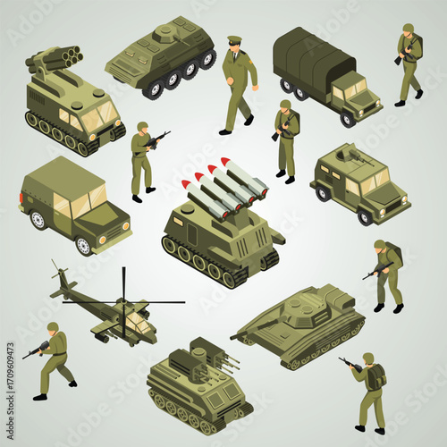 Isometric Detailed Army Military Equipment and Soldier Asset Illustration
