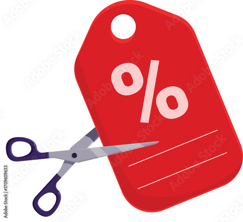 Scissors cutting a red discount price tag with percentage symbol, representing price cuts, promotions, and special offers