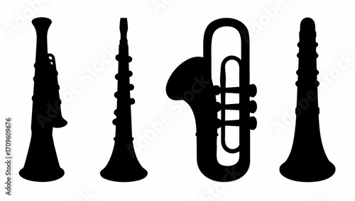 Silhouette depiction of four distinct wind instruments including oboe clarinet and trumpet displayed together