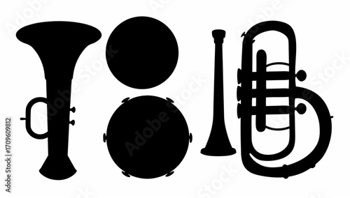Silhouette depiction of musical instruments including trumpet tambourine and trombone on a white background