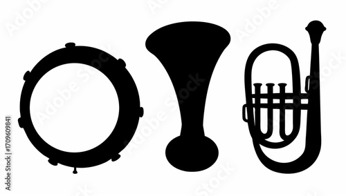 Three musical instruments including a tambourine a horn and a tuba in black silhouette on a white background