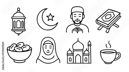 Mosque moon lantern man woman quran and tea icon