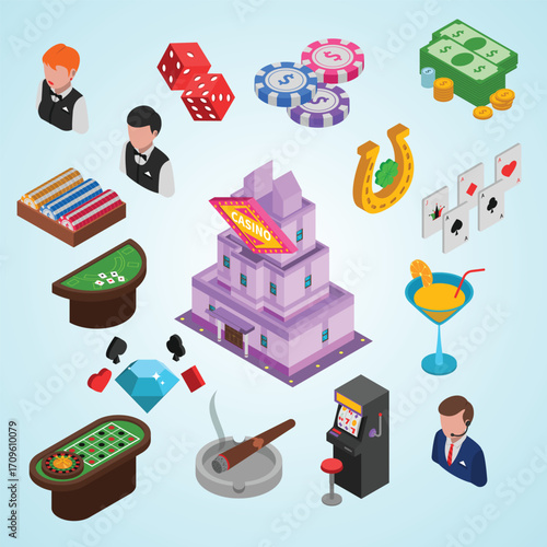 Isometric Style Gambling Elements and Casino Building Assets Pack Illustration