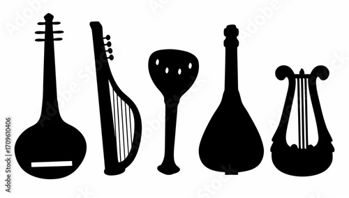 Silhouette illustration showcasing a collection of various stringed musical instruments in a row design