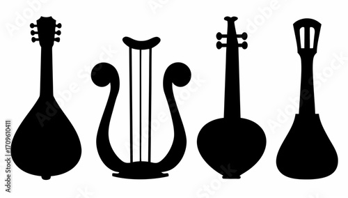 Silhouette illustration showing a group of four different stringed musical instruments in black and white