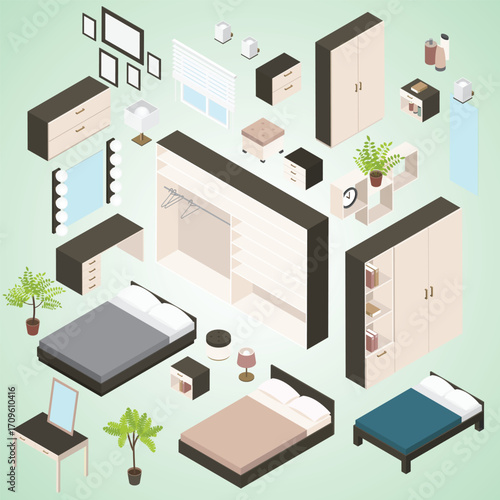 Isometric Home Interior Furniture Arrangement in Minimalist Style Illustration