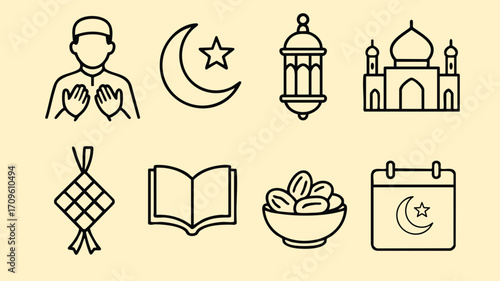 Muslim man prayer moon lantern mosque ketupat quran date icon