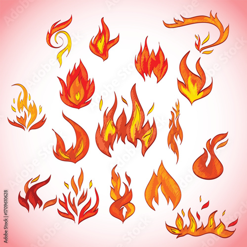 Handdrawn Colorful Fire Flames Elements Set Illustration on White Background