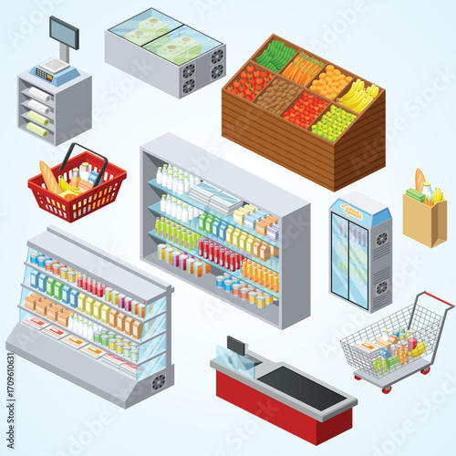 Isometric Detailed Supermarket Display with Groceries and Shopping Cart Illustration