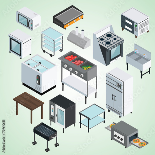 Isometric Commercial Kitchen Equipment Appliances Detailed Collection Culinary Illustration