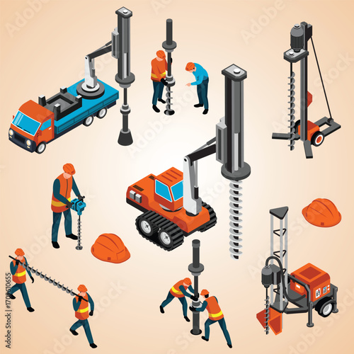 Isometric Detailed Drilling Rig Construction Site Industrial Machine Illustration
