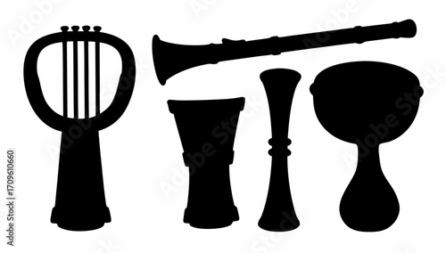 A collection of silhouetted musical instruments including a harp a clarinet and several other wind instruments